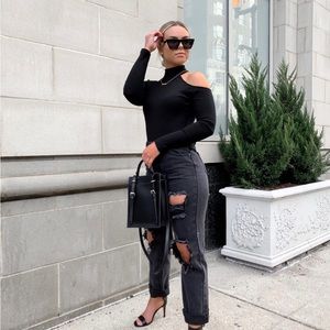 Black Longsleeve body suit with shoulder cut out